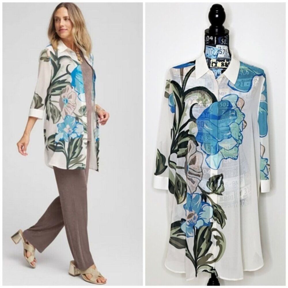 CHICO'S Travelers Artisanal Chiffon Tunic Artsy Floral Button Up 3/4 Sleeves L